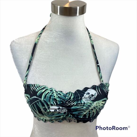 Midnight Hour Skull and Leaf Black Bikini Top with Scalloped Edges Size XS‎ - Picture 1 of 13
